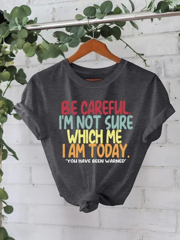 Women'WB shield BE CAREFUL Print Round Neck Tee, Fashion Casual Crew Neck T-Shirt for Daily Holiday Vacation Outdoor...