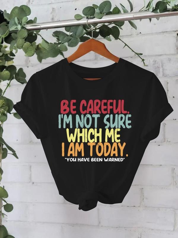 Women'WB shield BE CAREFUL Print Round Neck Tee, Fashion Casual Crew Neck T-Shirt for Daily Holiday Vacation Outdoor...