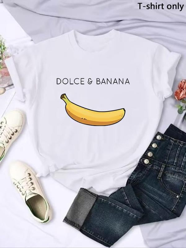 Women'WB shield Banana Print Round Neck Tee, Fashion Casual Crew Neck T-Shirt for Daily Holiday Vacation Outdoor Wear,...