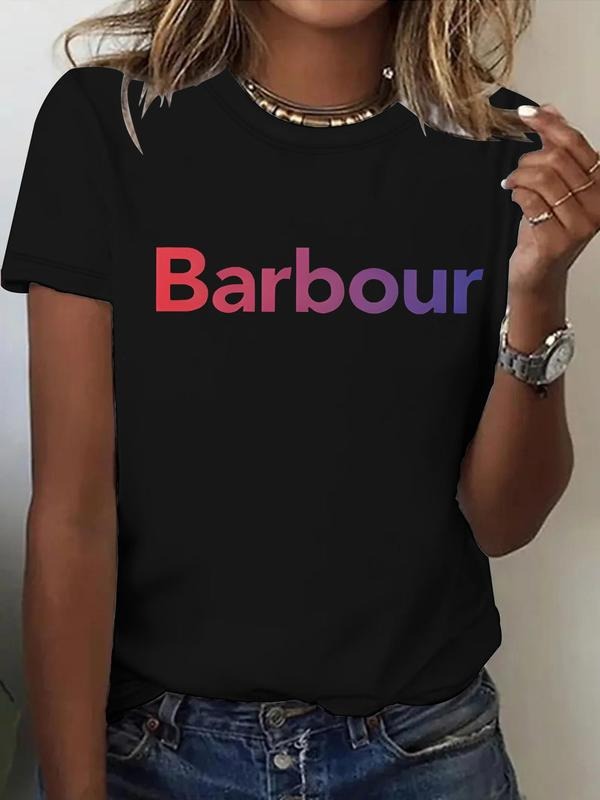Women'WB shield Barbour Letter Print Round Neck Tee, Fashion Casual Short Sleeve T-shirt for Daily Wear, Ladies Summer...