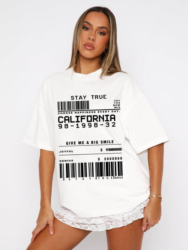 Women'WB shield Barcode & Slogan Print Round Neck Tee, Fashion Casual Crew Neck T-shirt for Daily Holiday Vacation...