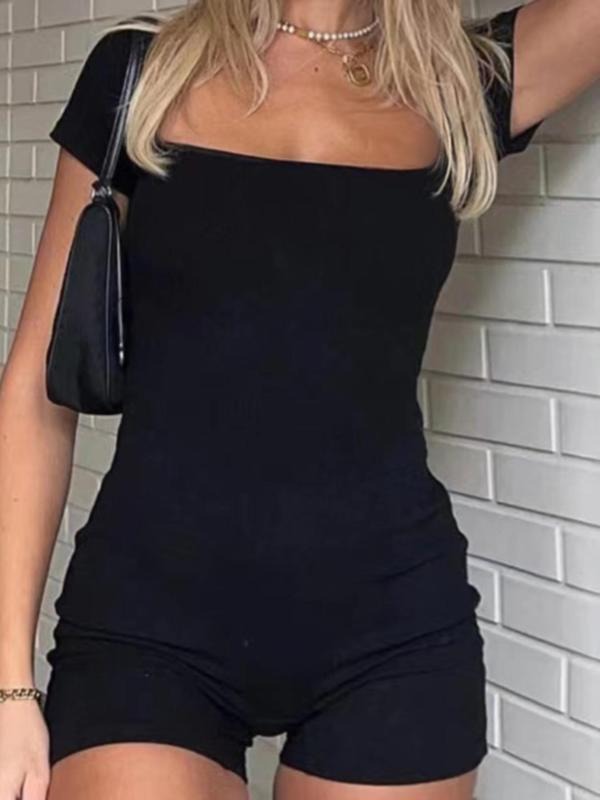 Women'WB shield Basic Cut Out Square Neck Ruched Romper, Casual Short Sleeve Backless Bodycon Romper for Summer, Women'WB...