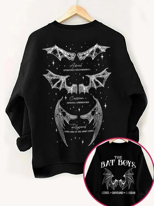 Women'WB shield Bat & Letter Print Crew Neck Sweatshirt, Street Fashion Casual Long Sleeve Pullover for Daily Wear,...