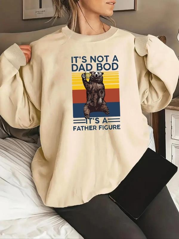 Women'WB shield Bear & Letter Print Drop Shoulder Sweatshirt, Casual Long Sleeve Round Neck Pullover for Fall & Winter,...