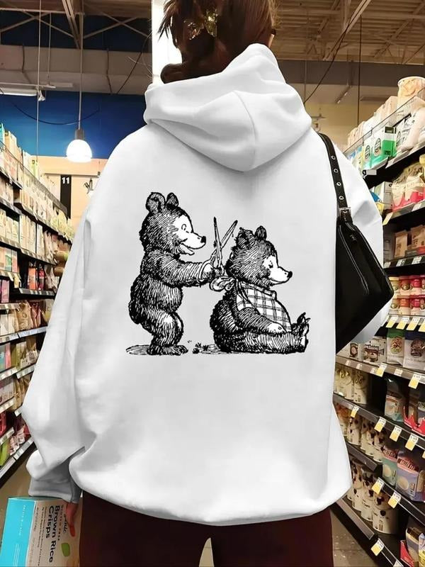 Women'WB shield Bear Print Drawstring Hoodie, Fashion Casual Hooded Sweatshirt for Daily Holiday Outdoor Wear, Women...