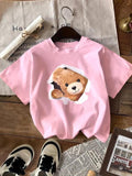 Women'WB shield Bear Print Round Neck Tee, Fashion Casual Crew Neck T-Shirt for Daily Holiday Vacation Outdoor Wear,...