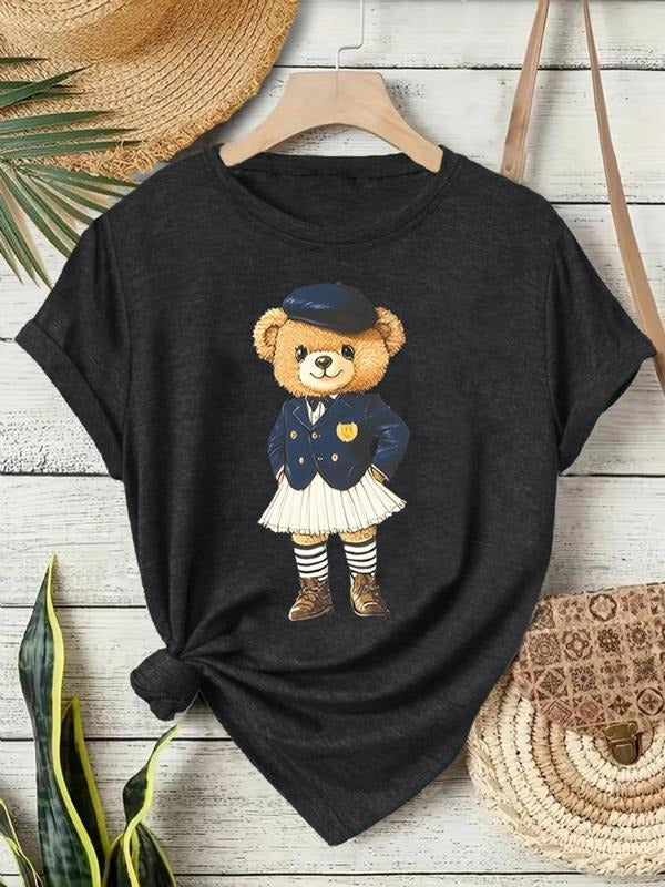 Women'WB shield Bear Print Round Neck Tee, Fashion Casual Crew Neck T-Shirt for Daily Holiday Vacation Outdoor Wear,...
