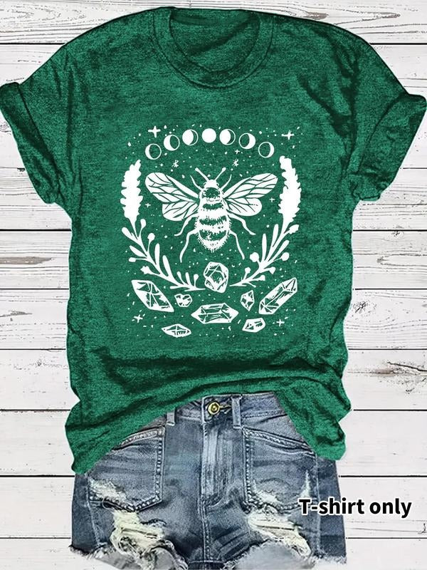 Women'WB shield Bee & Floral Print Round Neck Tee, Casual Short Sleeve Crew Neck T-shirt for Summer, Fashion Women'WB...