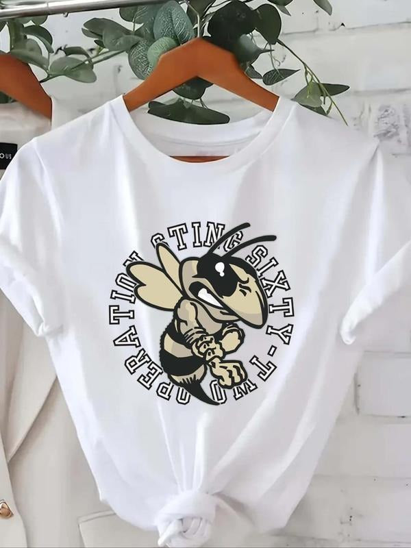 Women'WB shield Bee & Letter Graphic Round Neck Tee, Casual Short Sleeve T-shirt for Summer, Ladies TNF for Daily Wear...
