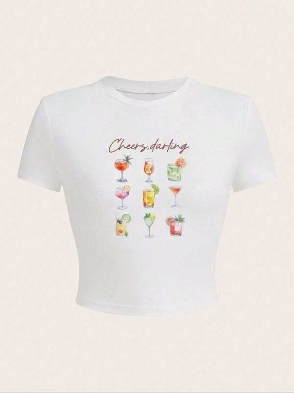 Women'WB shield Beverage Letter Print Round Neck Crop Tee, Vintage Trendy Casual Short Sleeve T-shirt for Daily Wear,...