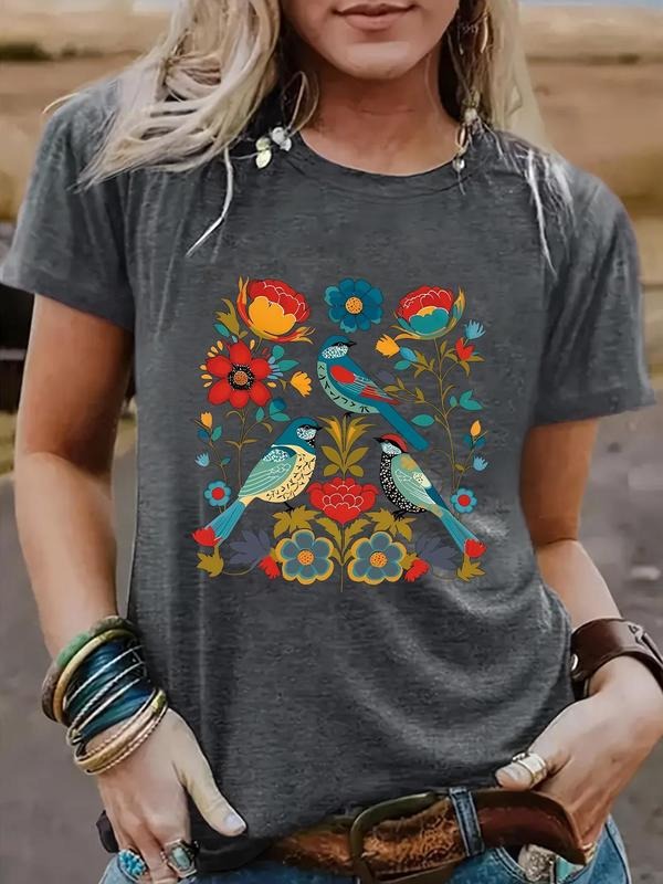 Women'WB shield Bird & Floral Print Round Neck Tee, Casual Short Sleeve Crew Neck T-shirt for Summer, Fashion Women'WB...
