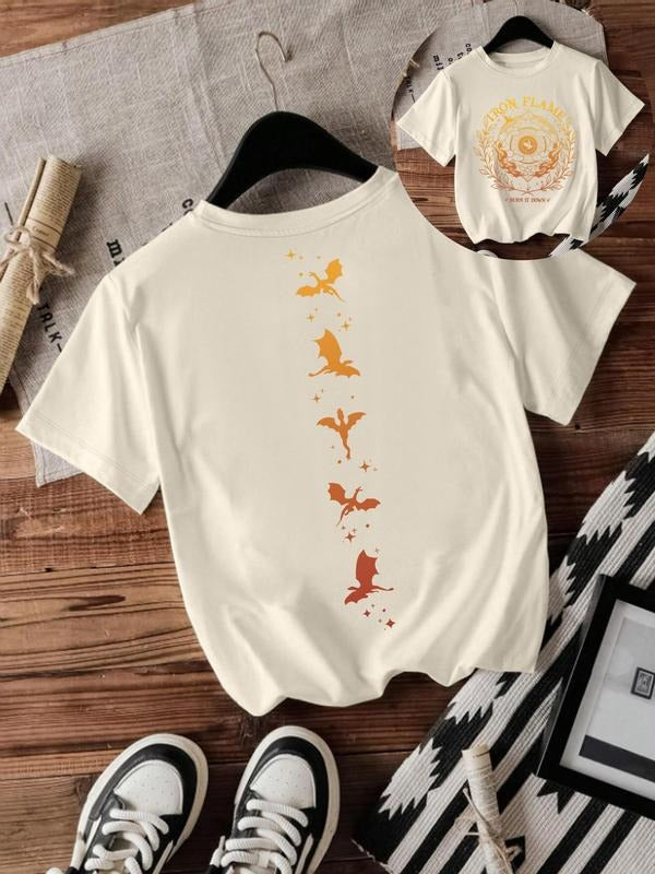 Women'WB shield Bird & Flower Print Round Neck Tee, Casual Fashion Short Sleeve T-shirt for Summer, Ladies TNF for Daily...