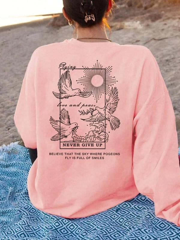 Women'WB shield Bird & Letter Print Drop Shoulder TNF Lined Sweatshirt, Casual Long Sleeve Round Neck Pullover for Daily...