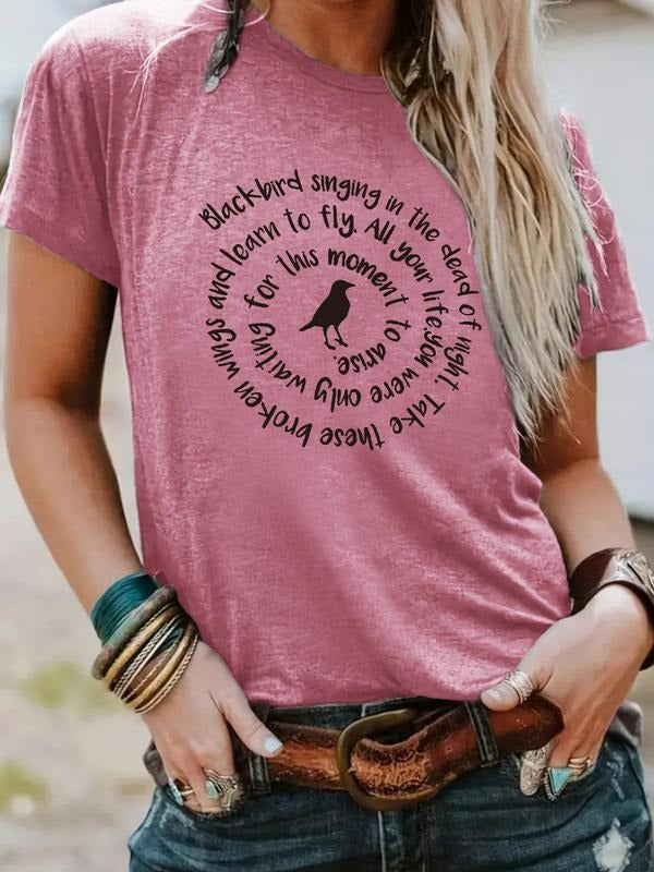 Women'WB shield Bird & Letter Print Round Neck Tee, Fashion Casual Crew Neck T-shirt for Daily Holiday Vacation Outdoor...