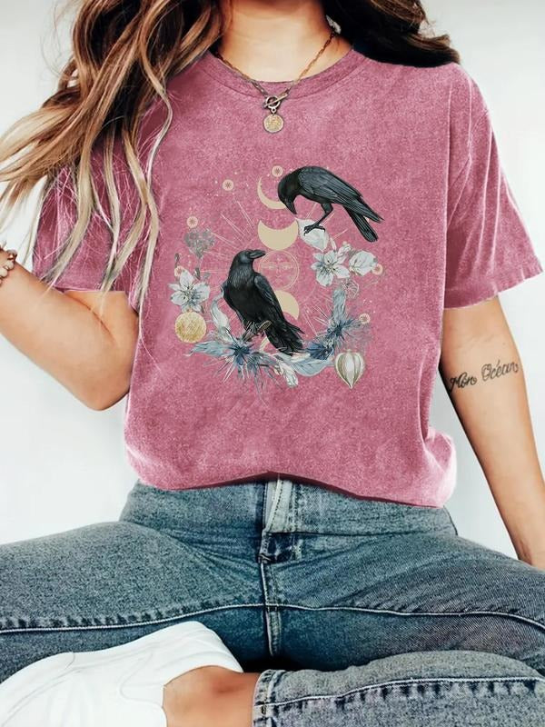 Women'WB shield Bird & Moon Print Round Neck Tee, Casual Short Sleeve Crew Neck T-shirt for Summer, Fashion Women'WB...