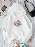 Women'WB shield Bitten fruit & Letter Print Drop Shoulder Hoodie, Fashion Casual Drawstring Pocket Hooded Sweatshirt for...