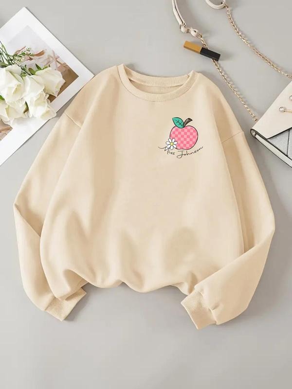 Women'WB shield Bitten fruit & Letter Print Drop Shoulder Sweatshirt, Casual Long Sleeve Round Neck Pullover for Daily...
