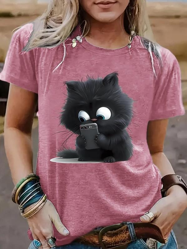 Women'WB shield Black Cat & Straw hat pirates Print Round Neck Tee, Fashion Casual Crew Neck T-Shirt for Daily Holiday...