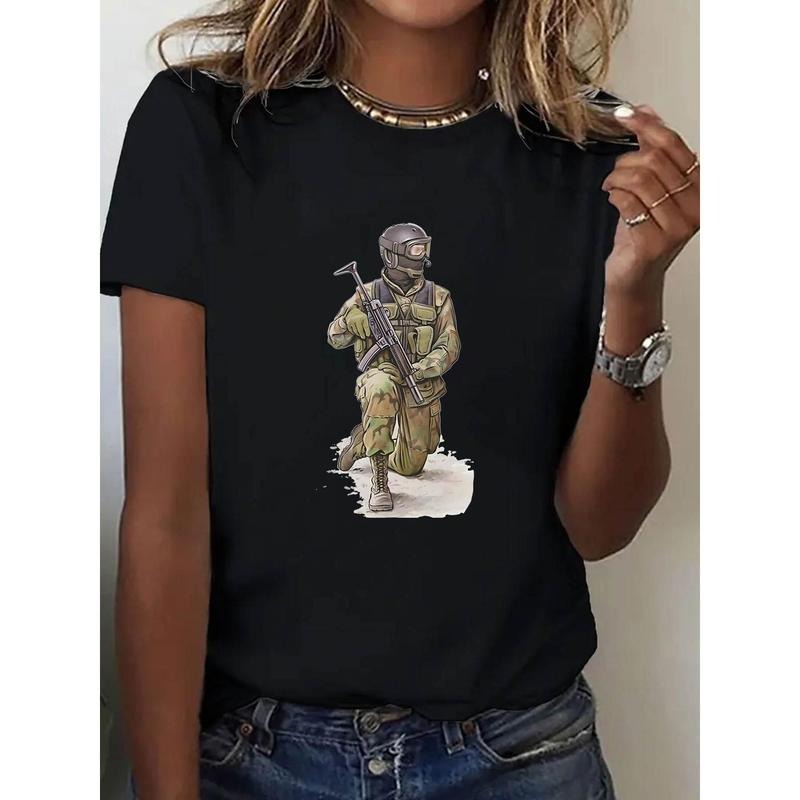 Women'WB shield Black Military Soldier Graphic Print Short-Sleeve T-Shirt