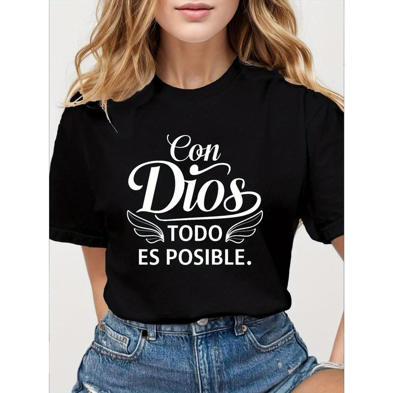 Women'WB shield Black T-Shirt with Inspirational "Con Dios Todo Es Posible" Design, Comfort Fit, Short Sleeve, Casual...