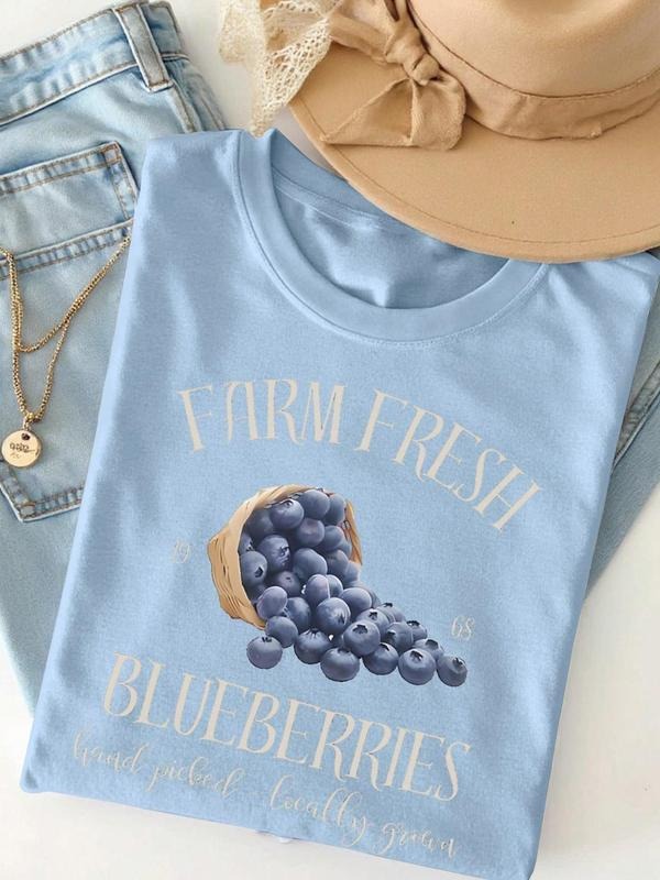 Women'WB shield Blueberry Print Round Neck Tee, Vintage Trendy Casual Short Sleeve T-shirt for Daily Wear, Ladies Summer,...