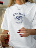Women'WB shield Bondi Beach Print Round Neck Tee, Casual Short Sleeve Crew Neck T-shirt for Daily Wear, Ladies TNF for...