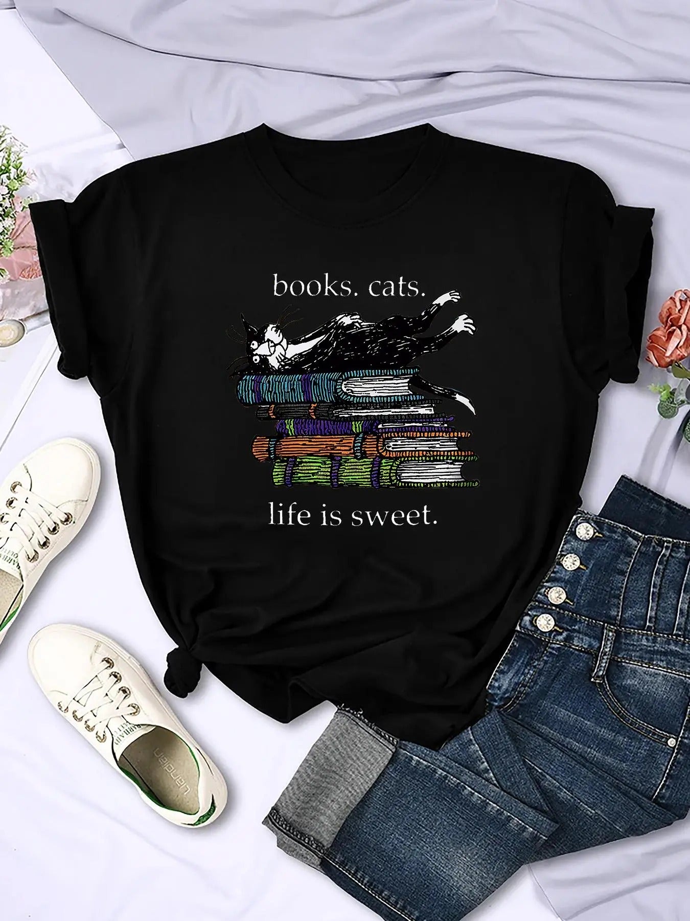 Women'WB shield Book & Cat Print Round Neck Tee, Summer TNF Women, Casual Letter Print Short Sleeve T-Shirt for Summer,...