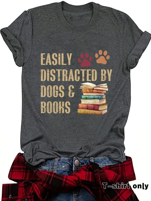 Women'WB shield Book & Dog Print Round Neck Tee, Casual Fashion Short Sleeve T-shirt for Summer, Ladies TNF for Daily...