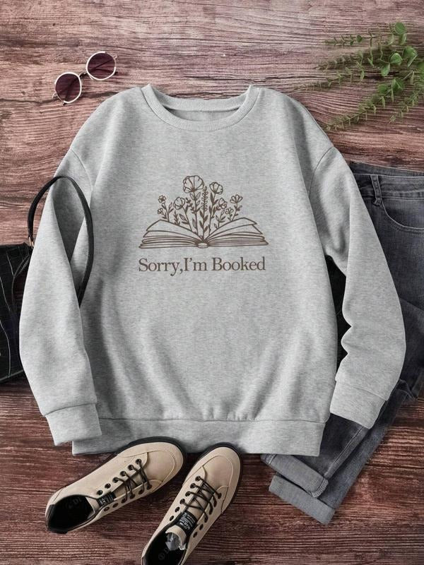 Women'WB shield Book & Letter Print Drop Shoulder TNF Lined Sweatshirt, Casual Long Sleeve Round Neck Pullover for Daily...