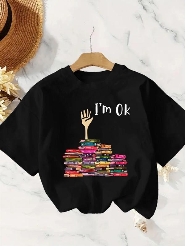 Women'WB shield Book & Letter Print Round Neck Tee, Fashion Casual Crew Neck T-Shirt for Daily Holiday Vacation Outdoor...