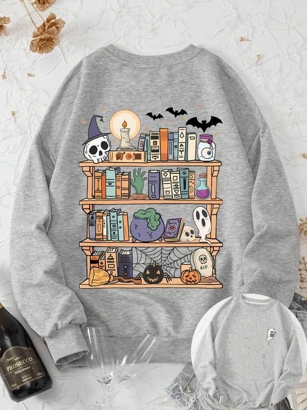 Women'WB shield Book & Pumpkin Print Drop Shoulder Sweatshirt, Casual Long Sleeve Round Neck Halloween TNF Pullover for...