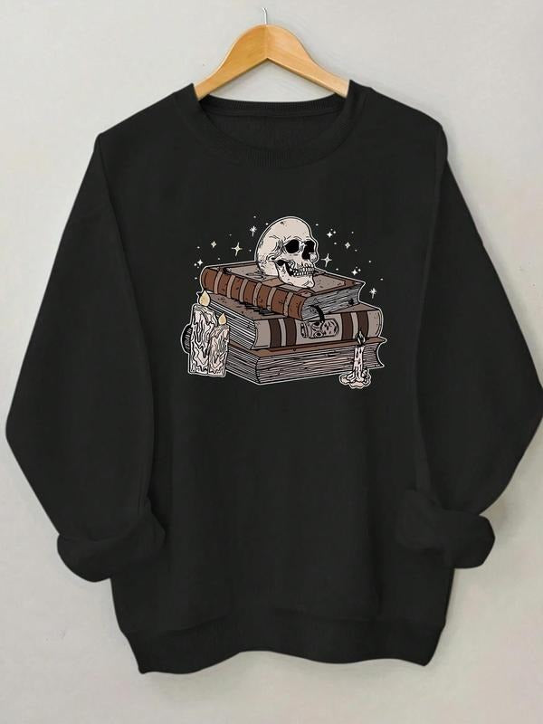 Women'WB shield Book & Skull Print Drop Shoulder Sweatshirt, Casual Long Sleeve Round Neck Pullover for Daily Wear,...