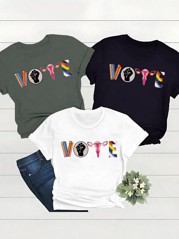 Women'WB shield Book Graphic Round Neck Tee, Casual Crew Neck Rainbow & Letter Print Short Sleeve T-Shirt, Women'WB...