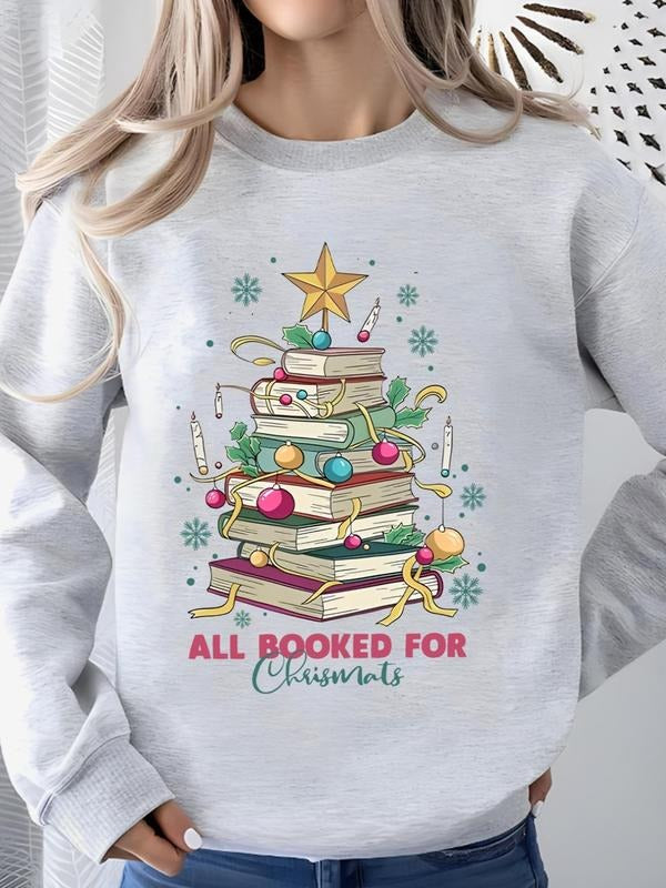 Women'WB shield Book Print Round Neck Sweatshirt, Casual Long Sleeve Crew Neck Pullover for Fall & Winter, Women'WB...