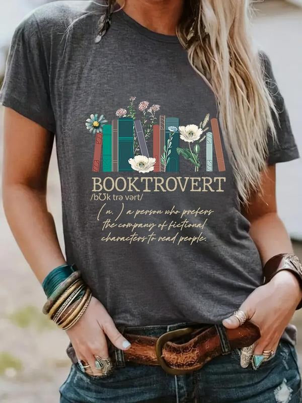 Women'WB shield Booktrovert Round Neck Graphic Tee, Fashion Casual Booktrovert Letter Print Crew Neck T-Shirt for Daily...