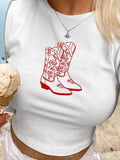 Women'WB shield Boots Print Round Neck Crop Tee, Casual Short Sleeve Crew Neck T-shirt, Ladies Summer Outfit for Daily...