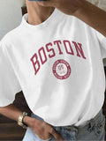 Women'WB shield Boston Print Round Neck Tee, Casual Short Sleeve Crew Neck T-shirt for Daily Wear, Ladies TNF for Spiky...