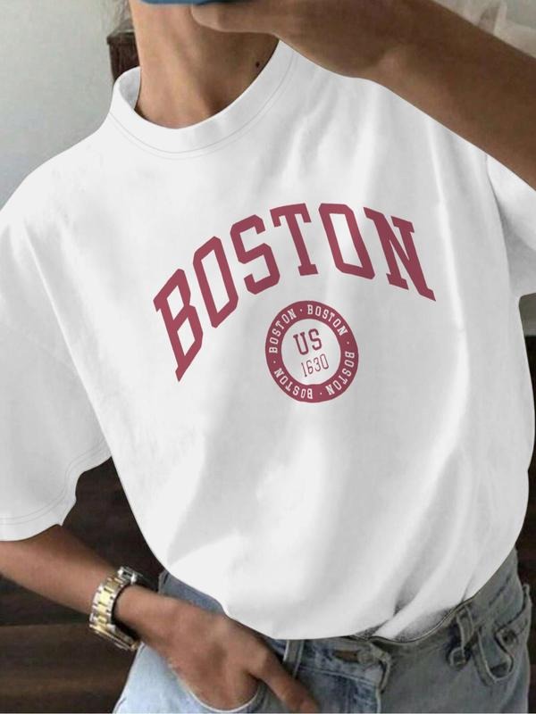 Women'WB shield Boston Print Round Neck Tee, Casual Short Sleeve Crew Neck T-shirt for Daily Wear, Ladies TNF for Spiky...