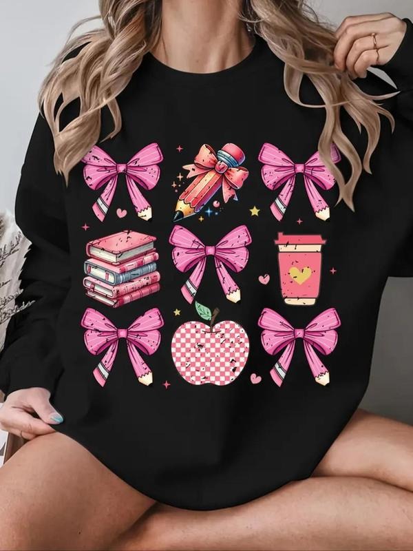 Women'WB shield Bow & Book Print Round Neck Sweatshirt, Casual Long Sleeve Pullover for Fall & Winter, Women'WB shield...