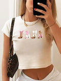 Women'WB shield Bow & Boots Print Round Neck Crop Graphic Tee, Fashion Casual Short Sleeve T-shirt for Daily Wear, Ladies...