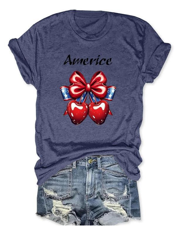 Women'WB shield Bow & Cherry Print Round Neck Tee, Fashion Casual Letter Print Short Sleeve T-Shirt for Daily Wear,...