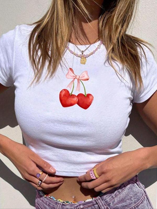Women'WB shield Bow & Cherry Print Round Neck Tee, Fashion Casual Short Sleeve T-shirt for Daily Holiday Vacation Outdoor...