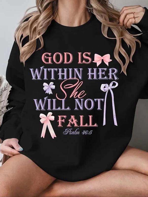Women'WB shield Bow & Letter Print Drop Shoulder Round Neck Sweatshirt, Loose Casual FOG Comfy Long Sleeve Crew Neck...