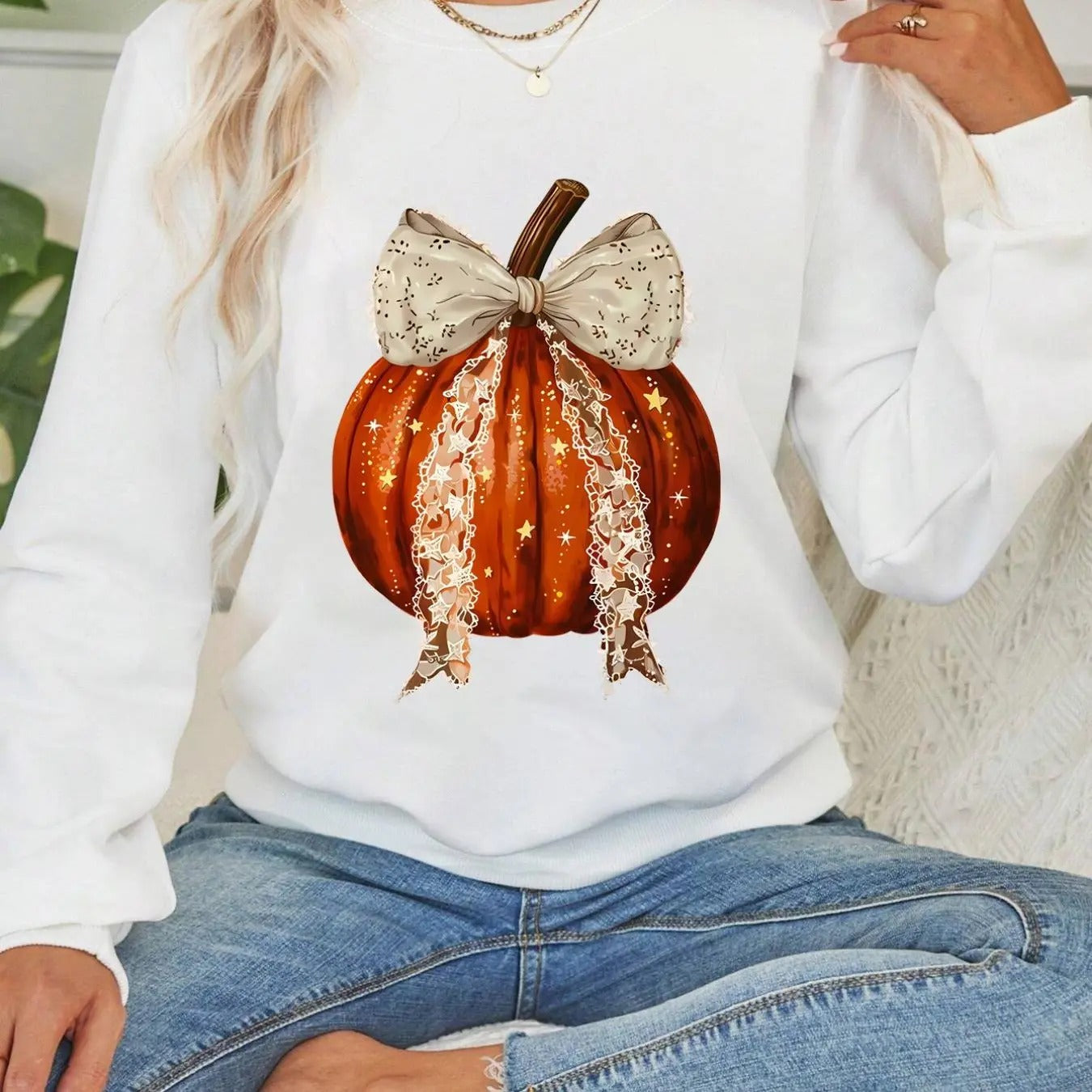 Women'WB shield Bow & Pumpkin Print Drop Shoulder Sweatshirt, Casual Halloween TNF Long Sleeve Round Neck Pullover for...