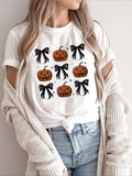 Women'WB shield Bow & Pumpkin Print Round Neck Tee, Casual Short Sleeve Crew Neck T-Shirt for Summer, Fashion Women'WB...