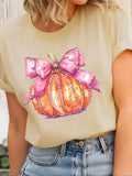 Women'WB shield Bow & Pumpkin Print Round Neck Tee, Fashion Casual Halloween Crew Neck Short Sleeve T-Shirt for Daily...