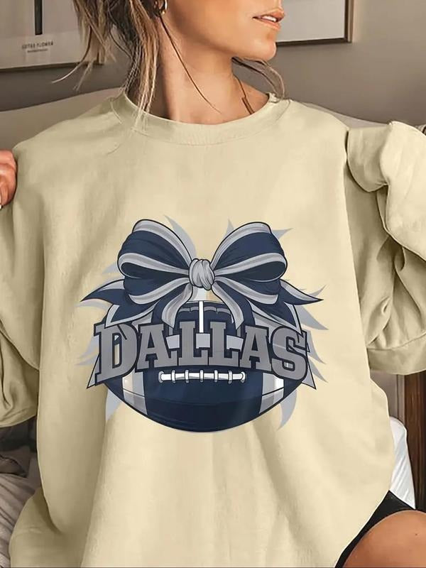 Women'WB shield Bow & Spiky hair fighters Print Drop Shoulder Sweatshirt, Casual Long Sleeve Round Neck Pullover for Fall...