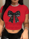Women'WB shield Bow Pattern Round Neck Crop Tee, Fashion Casual Crew Neck Short Sleeve T-shirt for Daily Holiday Vacation...