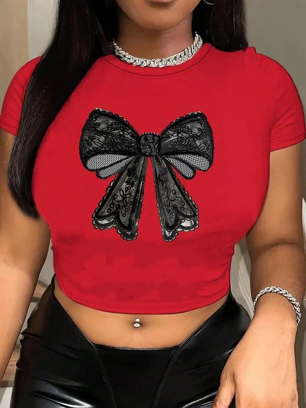 Women'WB shield Bow Pattern Round Neck Crop Tee, Fashion Casual Crew Neck Short Sleeve T-shirt for Daily Holiday Vacation...