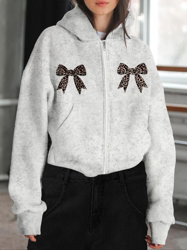 Women'WB shield Bow Print Half Zip Up Hoodie, Fashion Casual Leopard Print Hooded Sweatshirt for Daily Holiday Outdoor...